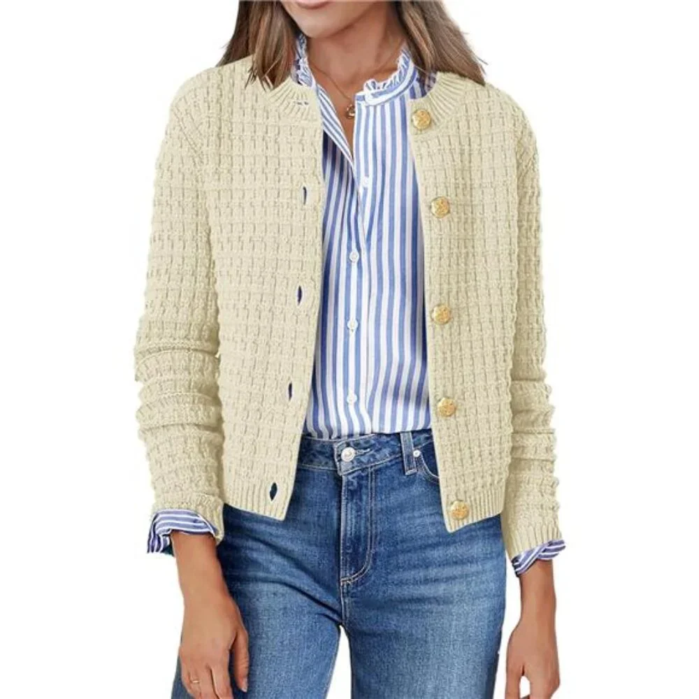 NEW Women's 2025 Cardigan Sweaters Button Down Crew Neck Open Front Long Sleeve - Picture 1 of 4
